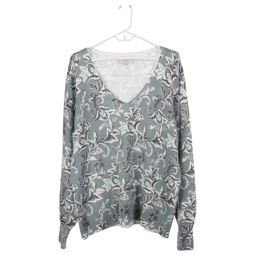 LOFT Sweater XL Green Cotton Blend Knit Damask V-Neck Long Sleeve Pullover